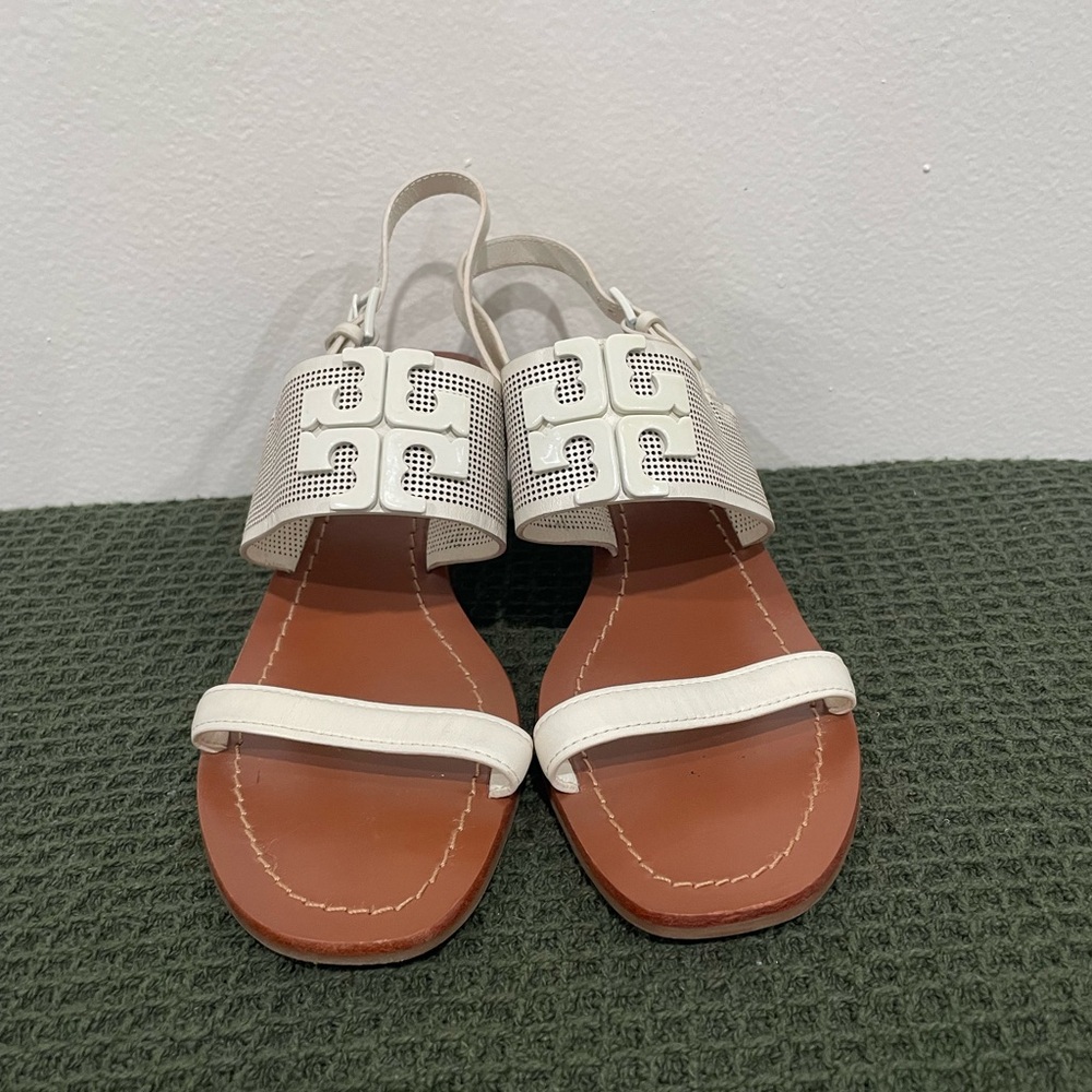 Tory Burch Lowell 2 Ivory Perforated Leather Logo Sandals